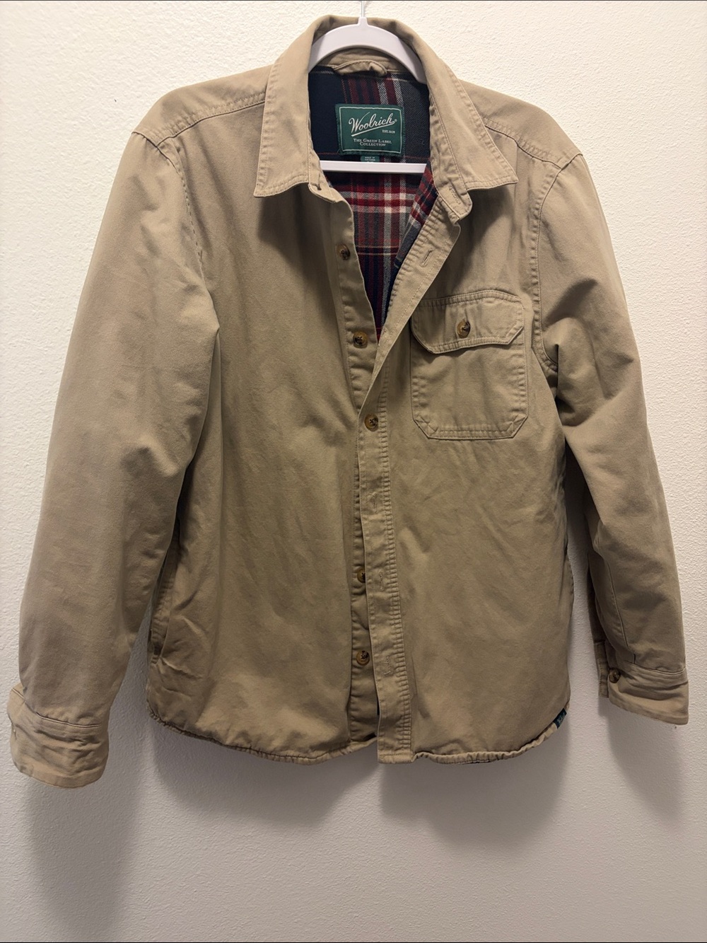 Woolrich Tan Button-Front Shirt Jacket with Plaid Lining